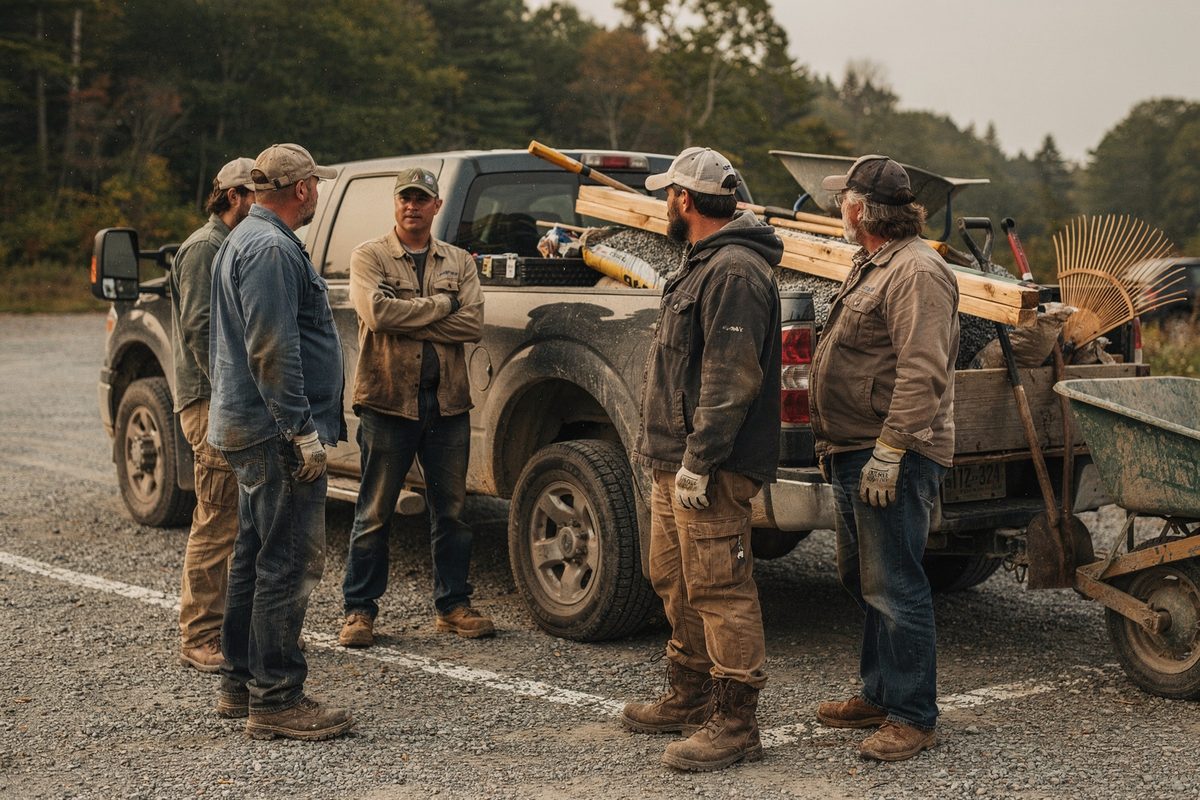 Seven trail workers stand beside a truck and loaded trailer at a gravel trailhead lot