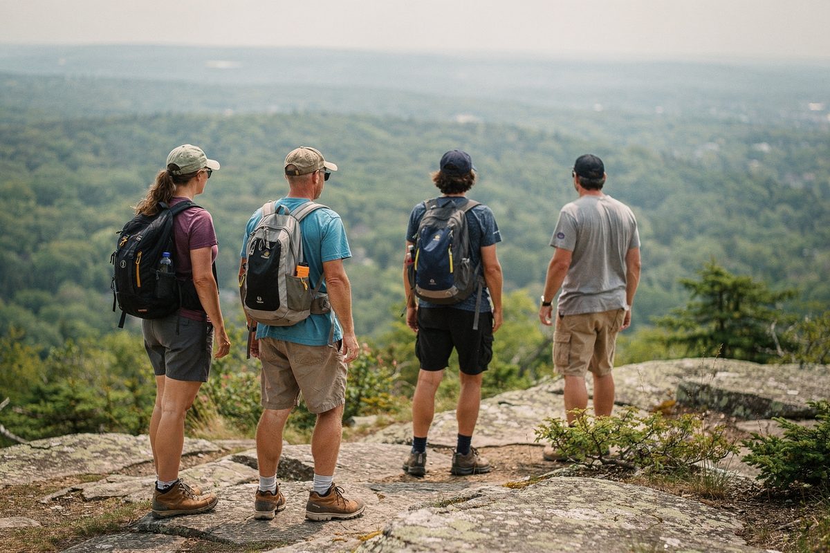 A small hiking group stands on a rocky summit overlooking a forested valley