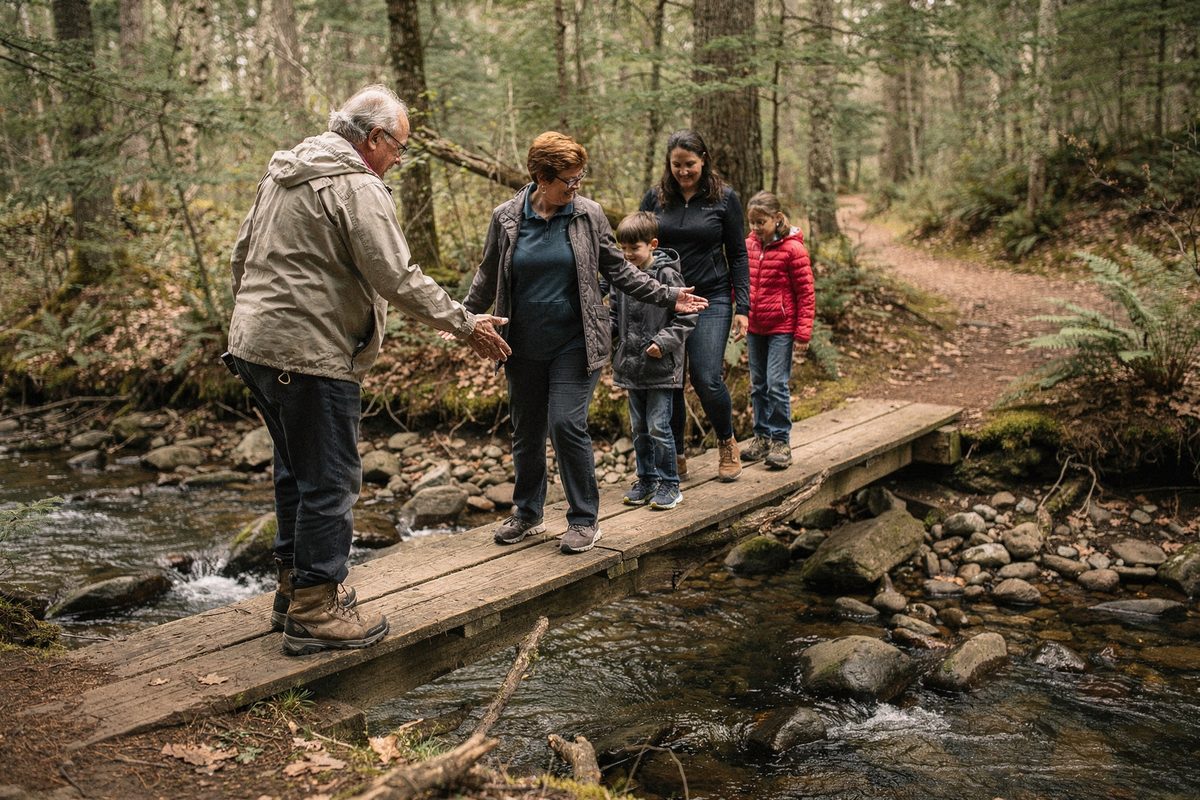 A guide helps a family group cross a plank footbridge over a shallow rocky stream