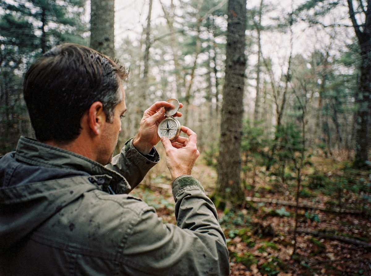 A person holds a compass at eye level sighting a bearing through the trees