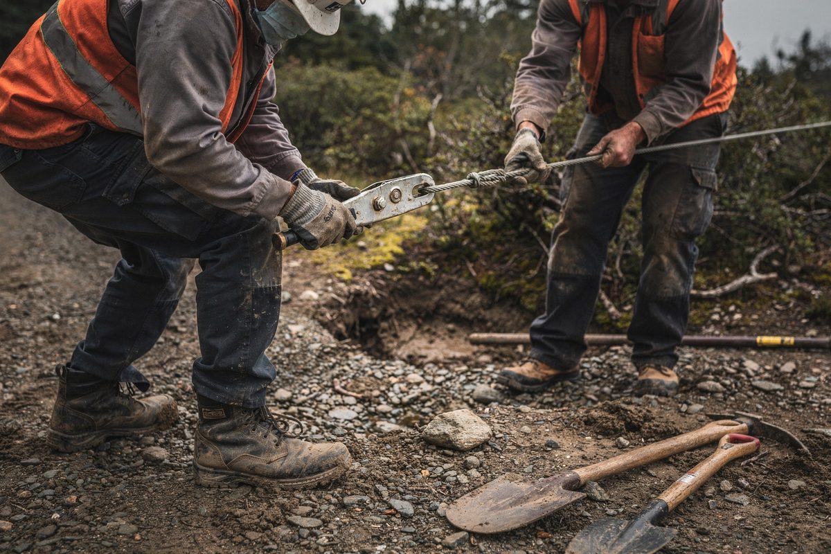 Two trail workers tension a come-along cable across a shallow trail washout
